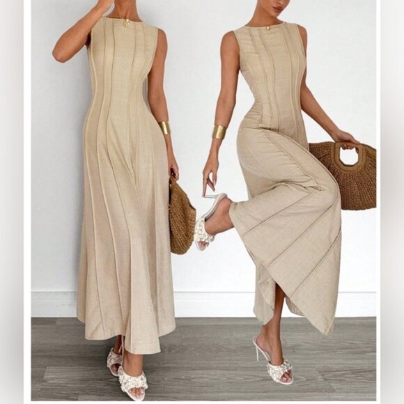 Split Pleated Waist A-Line Dress Beige - Picture 1 of 6